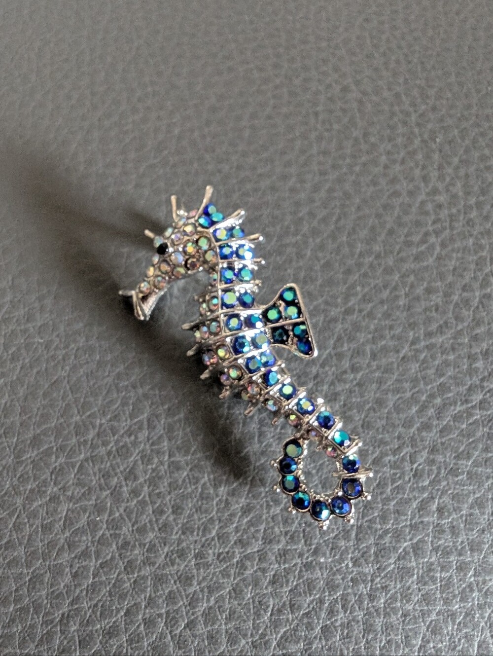 Seahorse Crystal Brooch Iridescent Blue Green